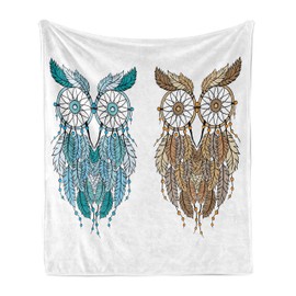 Ambesonne Owl Soft Flannel Fleece Throw Blanket, Dreamcatcher Style Owl Features Magic Farsighted Birds Print, Cozy Plush for Indoor and Outdoor Use, 50" x 70", White Cream