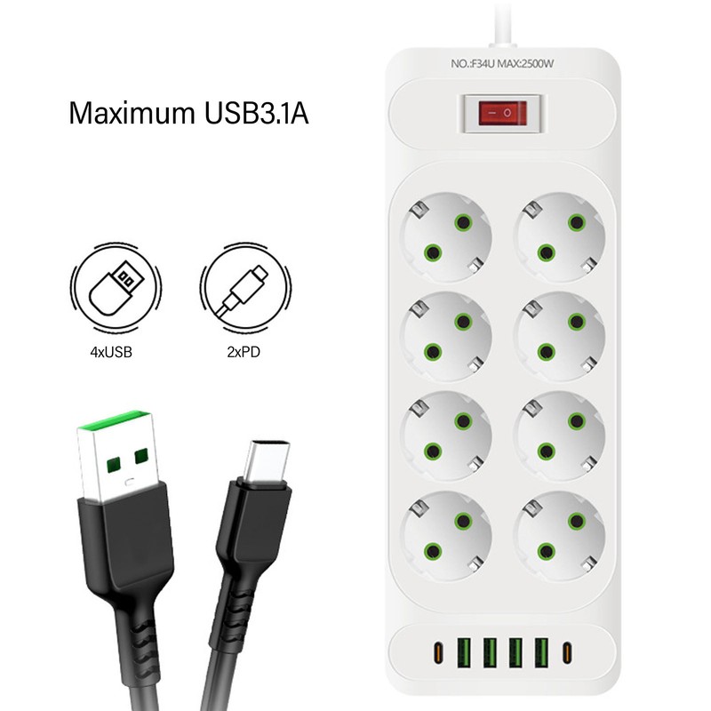 8 Way Power Strip USB C European Socket Desk Wall