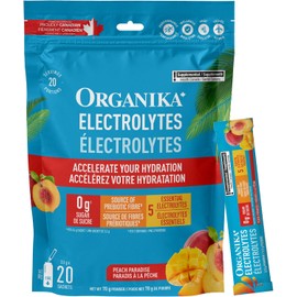 Organika Canadian-Made Electrolytes Powder- Peach Paradise Sachets, On-the-Go Sugar-Free Hydration and Electrolyte Replenishment with Prebiotics and Vitamin C- 3.5g x 20ct