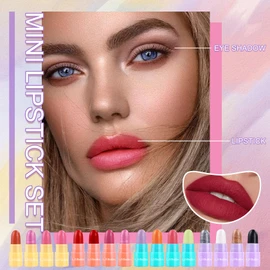 16PCS Mini Lipstick Set,Multi Colored Ultra Matte Color Changing Lipstick,Magic Glitter Cute Lipstick Long Lasting Waterproof Capsule Pills Lipstick & Eyeshadow Stick Set for Women