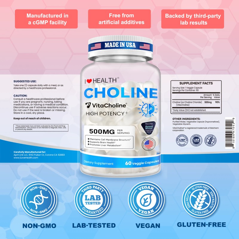 I LOVE HEALTH Choline Supplements 500mg, High Potency Liquid Choline