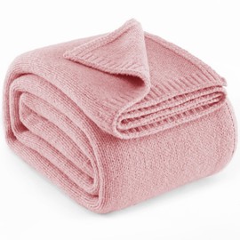 Carriediosa Wool Blend Knit Throw Blanket 60" X 80", 50% Recycled Polyester Soft Cable Knitted Fluffy Throws for Couch Lightweight Woven Blankets for Sofa Fuzzy Cozy Bed Cover, Pink