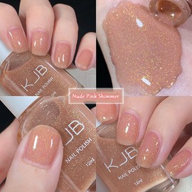 Glitter Nail Polish - Nude Pink Shimmer Nail Polish - Neutral Nail Varnish - Quick Dry Long Lasting Nail Paint - Breathable Vegan French Manicure No Need UV Polish for Women DIY Nail Art Manicure