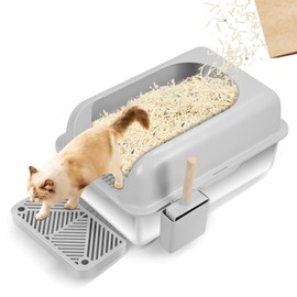 SamFansar Open Top Cat Litter Box, Extra Large Stainless Steel Litter Box for Cat with Scoop, Scoop Holder & Foot Step, Non-Sticky Cat Litter Pan, 23.6 x 15 x 9.8 inches Grey