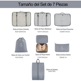 Set de 7 Cubos de Embalaje para Maletas, Organizadores Expandibles para Equipaje, Bolsas de Almacenamiento Duraderas y Ligeras para Accesorios de Viaje, Esenciales de Viaje para Mujer y Hombre (Gris)