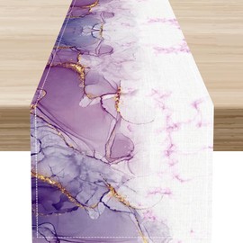 Camino de mesa de mármol púrpura, diseño moderno de mármol dorado con texturas impresas de lino para decoración del hogar, cocina, comedor, patio, día festivo, fiesta, mesa, 13 x 72 pulgadas
