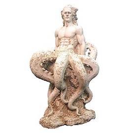 21 in. Octoman Nautical Male Mermaid Distressed Antique White Beach Pool and Garden Mermaid Statue