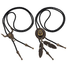 AOZUO Pack of 2 Bolo Tie, Western Cowboy and Cowgirl Tie Vintage Leather Tie Handmade Hat Feather Necklace Pendant for Men Women, brown