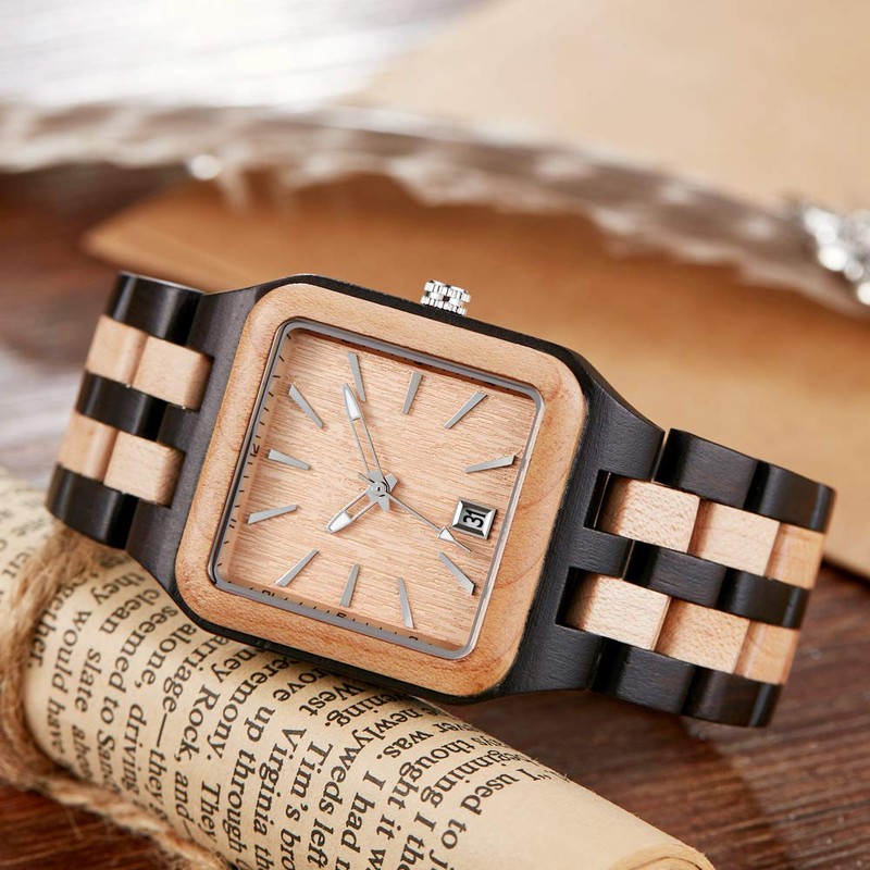 Dentily Wood Watch Rectangle Dial Wooden Watches for Men Quartz