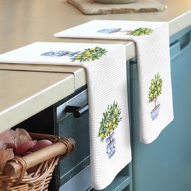 shiviody Chinoiserie Floral Coquette Bow Kitchen Towels - Preppy Lemon Floral Dish Towels, Blue and White Porcelain Decorative Absorbent Dishcloths Hand Towels Set of 2 for Bathroom Decor 16x24 Inches