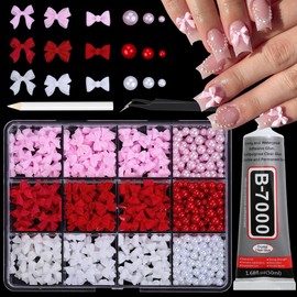 RODAKY Bow Nail Charms and Pearls with B7000 Glue,Assorted Resin Bow Charms for Acrylic Nails Design,White Pearls Round Gems Bowknot Nail Charms for Nail Jewels DIY Nails Art Crafts Decoration