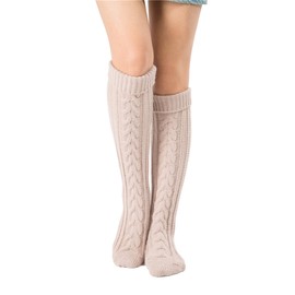 SherryDC Women's Cable Knit Long Boot Socks Over Knee High Winter Leg Warmers, Beige, One Size