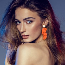 Diamday Acrylic Clip on Earrings for Women Girls Long Rose Petal Earrings Vintage Dangle Exaggerated Flower Earrings Elegent Drop Statement Floral Tassel Earrings Colourful Stud Earrings Orange