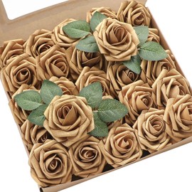 Floroom Artificial Flowers 25pcs Real Looking Antique Gold Foam Fake Roses with Stems for DIY Wedding Bouquets Bridal Shower Centerpieces Floral Arrangements Party Tables Home Decorations
