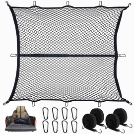 Hochelastisches Gepäcknetz, 1,2 x 1,2 m dehnbar bis 2,1 m x 2,1 m (Einlagig), LKW-Frachtnetz, Netz-Organizer, mit 8 x Stahlkarabiner + 4 x Haltegurt, Gepäckfixierung für LKW Auto Wohnmobil