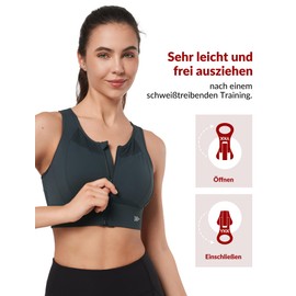 Yvette Women's Sports Bra with Front Closure Mesh Racer Back Full Coverage Running Fitness Riding Bra, gray