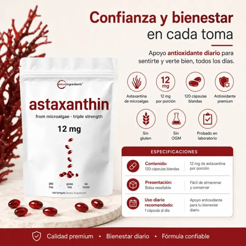 Astaxantina 12 Mg 120 Softgels Microalgas Apoyo Antioxidante