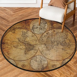 Vintage World Map Round Area Rug,Retro Education Map Large Circle Rugs Non Slip Round Floor Mat Soft Washable Carpet for Living Room Bedroom Indoor Outdoor, 3 ft