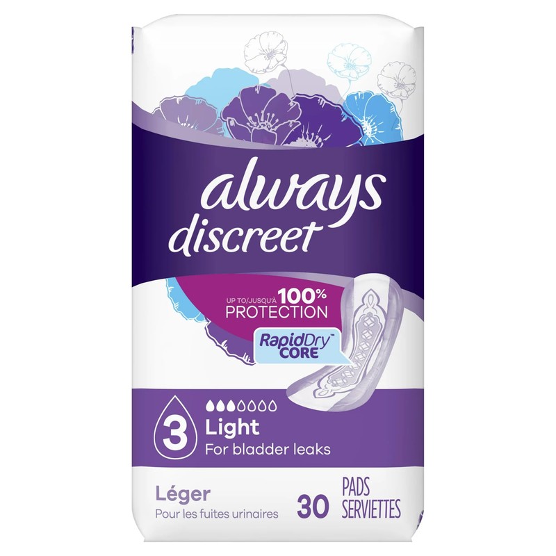 Always Discreet, Incontinence Light Pads, 3 Drops, 30 Pads each