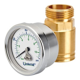 Underhill Water Pressure Gauge for Garden, RV Hose End, Irrigation System, Dynamic Versus Static Pressure, A-HPG-175, Brass