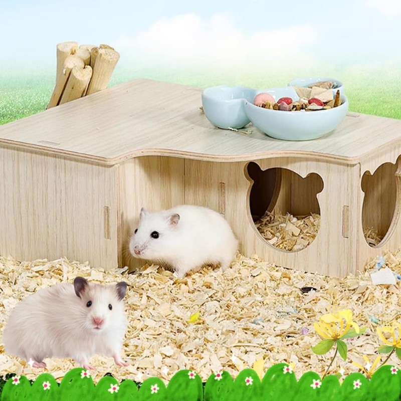 Zpeiran Wooden Hamster House,3 Chamber Hamster Hideout Cage Hamster Hide