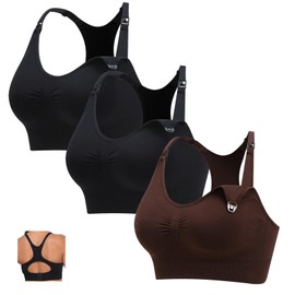 3Pack Sports Maternity Nursing Bra for Breastfeeding Medium-Impact Workout Yoga Bra for Pregnancy Women, Blackblackbrown, Small