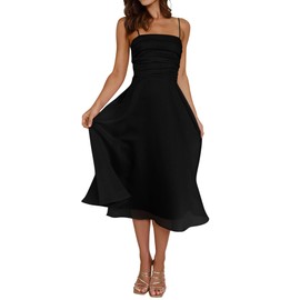 PRETTYGARDEN Womens Summer Dresses 2025 Spaghetti Strap Sleeveless Smocked Flowy Midi Wedding Guest Dress with Pockets(Black,X-Large)