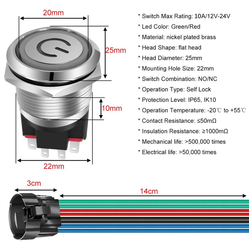 GUUZI 12V-24V/10A Self-Locking Push Button Switch NO/NC Waterproof Green/Red LED
