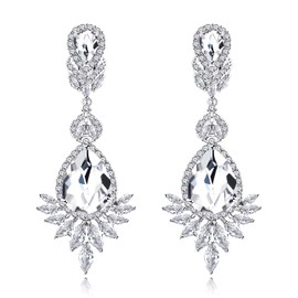 Uloveido Large Cubic Zirconia Clip on Earrings for Women/Girls/Brides/Bridemaid, Gifts for Mothers Day, Fake Piercings Teardrop Ear Clip Flower Earrings (Platinum-White)