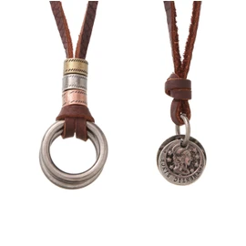 Phoenix Antique Ring & Coin Necklace with Leather Cord, Unisex Adjustable Length, 2-Piece Set