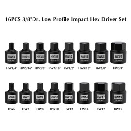 EMENTOL 16PCS 3/8" Drive Low Profile Impact Hex Driver Set, SAE/Metric, CR-MO, 16 Pieces Hex Bit Socket Set, 1/4 Inch - 3/4 Inch, 6mm - 19mm