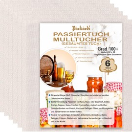 Grade 100+ PACKARDI Straining Cloth Pack of 6 Approx. 50 x 50 cm per Cheesecloth Filter Cloth Cheesecloth 100% Unbleached Pure Cotton Lint Free Muslin Cloths with Stitched Corners