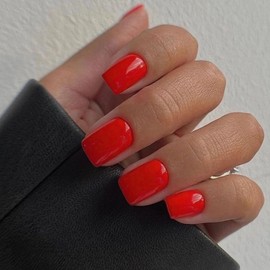 KQueenest Light Red Press On Nails Short Square, Soft Gel Fake Nails Press ons, Sheer Bright Red Glue on Nails Short Coffin, Solid Color Reusable Stick on False Nails for Women Girls 24 Pcs