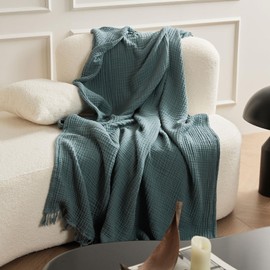 ENJOYBRIDAL Cyan Blue Soft Universal Slipcover - Boho Farmhouse Sectional Couch Cover With Tassels - 4 Layer Washed Cotton Futon Blanket - Washable Multi-Function