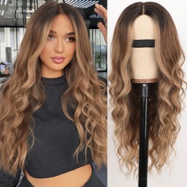 Nnzes Long Brown Curly Wig for Women Long Brown mixed Blonde Wavy Wigs Middle Part Synthetic Heat Resistant Fiber Women Wigs for Daily Party Use