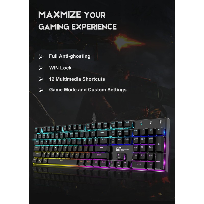 TDT Mechanical Gaming Keyboard,Wired 104 Keys RGB Keyboard with Blue