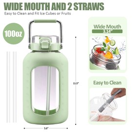 WINSA Large Glass Water Bottles with Stainless Steel Handle,100 oz Gallon Drinking Bottle with 2-in-1 Straw Lid,3 Liter Glass Water Jug with Silicone Sleeve,Wide Mouth,Light Green