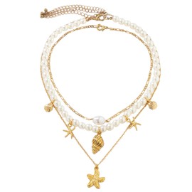 TAXTYHRE Muschelkette Damen, Perlen Geschichtete Halskette, Seestern Kette, Gold Seestern Anhänger, Sommer Strand Schmuck für Damen Mädchen