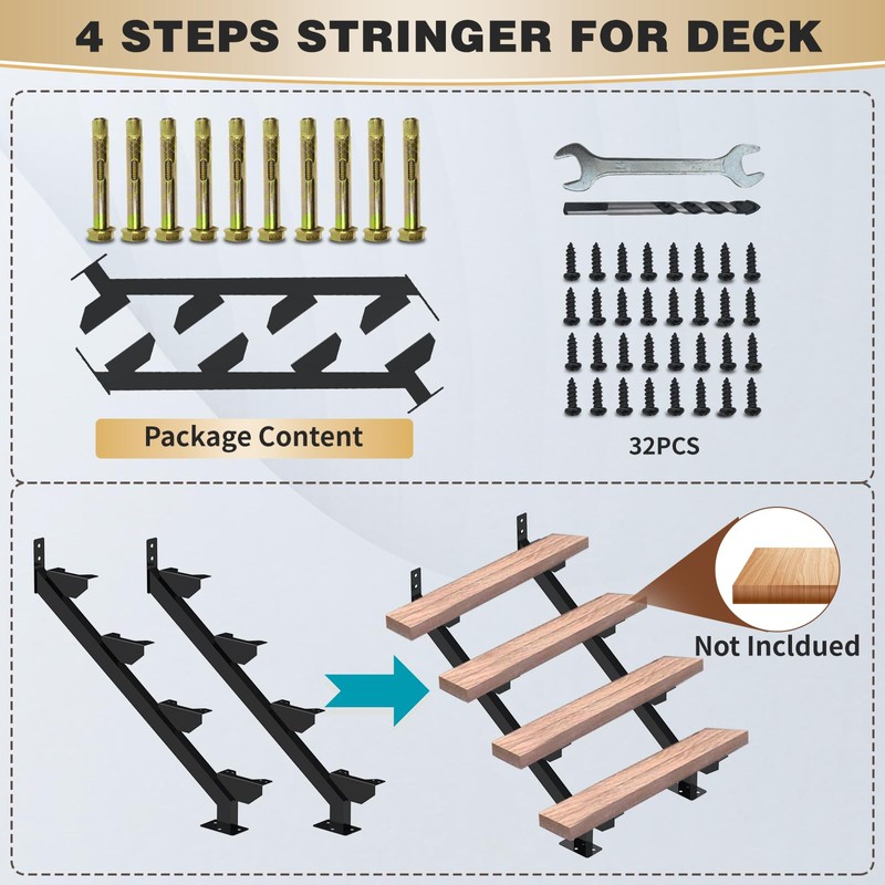 2 Pack Steel Stair Stringer, 4 Steps Stair Riser, Outdoor