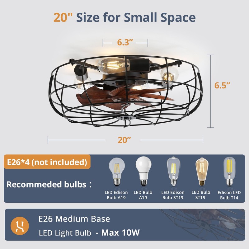 LEDIARY 20" Caged Ceiling Fans with Lights and Remote, Flush