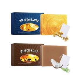 Essential Oil Soap Bars kit-2Pcs African Black Soap & 24K Gold Soap,Hand Made Face Body Bath Cleansing Soap Bars with Bubble Foam Net, Women’s Day Skin Care Products Gift Set for Women Girl Men