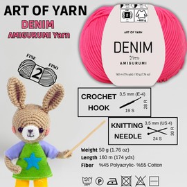 Denim Amigurumi Yarn Art 55% Cotton 45% Poliacrylic 50g 174 Yds Soft Smooth Sport Fine (2) for Crocheting Knitting Blankets Baby Garments More Colors (Neon Pink, Pack 1)