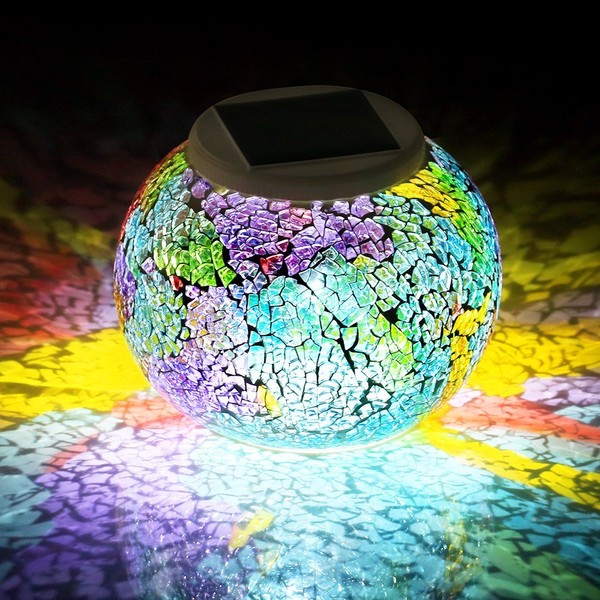 WSgift Color Changing Solar Powered Glass Mosaic Ball Led Garden Lights, Rechargeable Solar Table Lights, Outdoor Waterproof Solar Night Lights Table Lamps for Decorations, Ideal Gifts