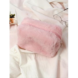 Solid Color Makeup Bag, Portable Large Capacity Travel Toiletry Bag, Soft Fuzzy Cosmetic Storage Bag, Girls' Makeup Organizer - Color: Baby Pink, Size: one-size