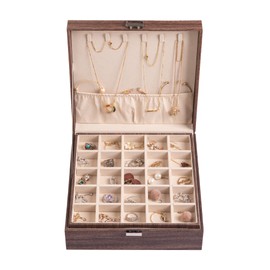 Frebeauty Earring Organizer Classic Jewelry Box 50 Slots Double Layer Jewelry Storage Case with 6 Necklace Hook and Bracelet Pocket(Tree Brown)