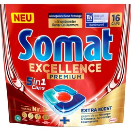 Somat Excellence Premium 5-in-1 Caps (16 Caps), Quick-Dissolving Dishwasher Tablets with Extra Boost, Somat Caps Remove Even 72 Hours of Dried, Stubborn Food Leftovers