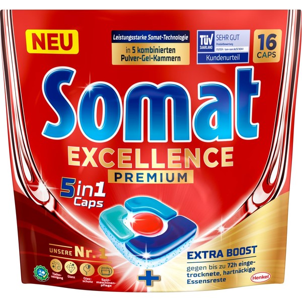 Somat Excellence Premium 5-in-1 Caps (16 Caps), Quick-Dissolving Dishwasher Tablets