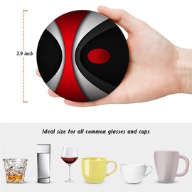HUXJOKO Coasters for Drinks Set of 6,Modern Red Black Geometric Absorbent Ceramic Coaster,Round Stone Mat,with Cork Base and Metal Holder for Coffee Table Room Bar Home Decor Housewarming Gifts