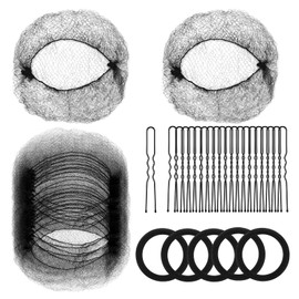 Hair Nets for Buns Invisible Elastic Edge Mesh and U Shaped Pins Set, 30PCS Hair Net, 30PCS 2.4 INCH Hair Pins, 5PCS Hair Elastic Bands, Black