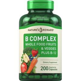 Piping Rock B Complex with Whole Food Fruits & Veggies 200 Capsules | Plus Vitamin B-12 | Non-GMO & Vegetarian Supplement
